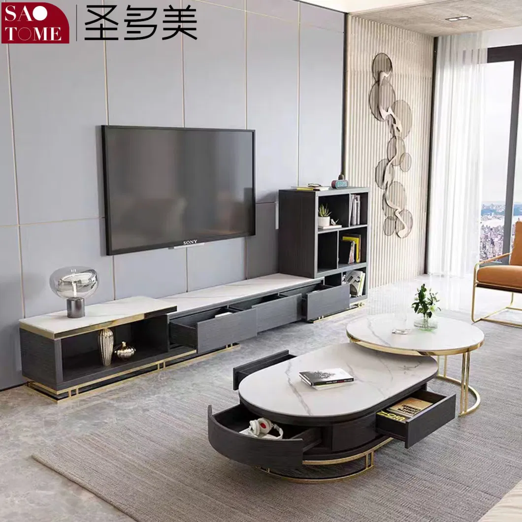 Modern Rock Slab Coffee Table TV Cabinet Sideboard Combination Iron Round Coffee Table Living Room Furniture