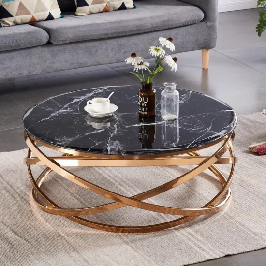 黒大理石ガラスモダンで高級なコーヒーテーブルゴールドステンレス鋼ラウンドリビングルームテーブル