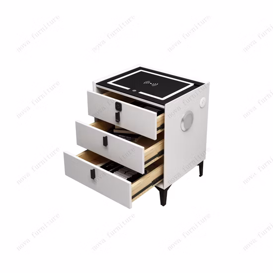 モダンなデザインの寝室のベッドサイドテーブル LED ナイトスタンド木製スマートリビングルーム家具サイドテーブルキャビネット